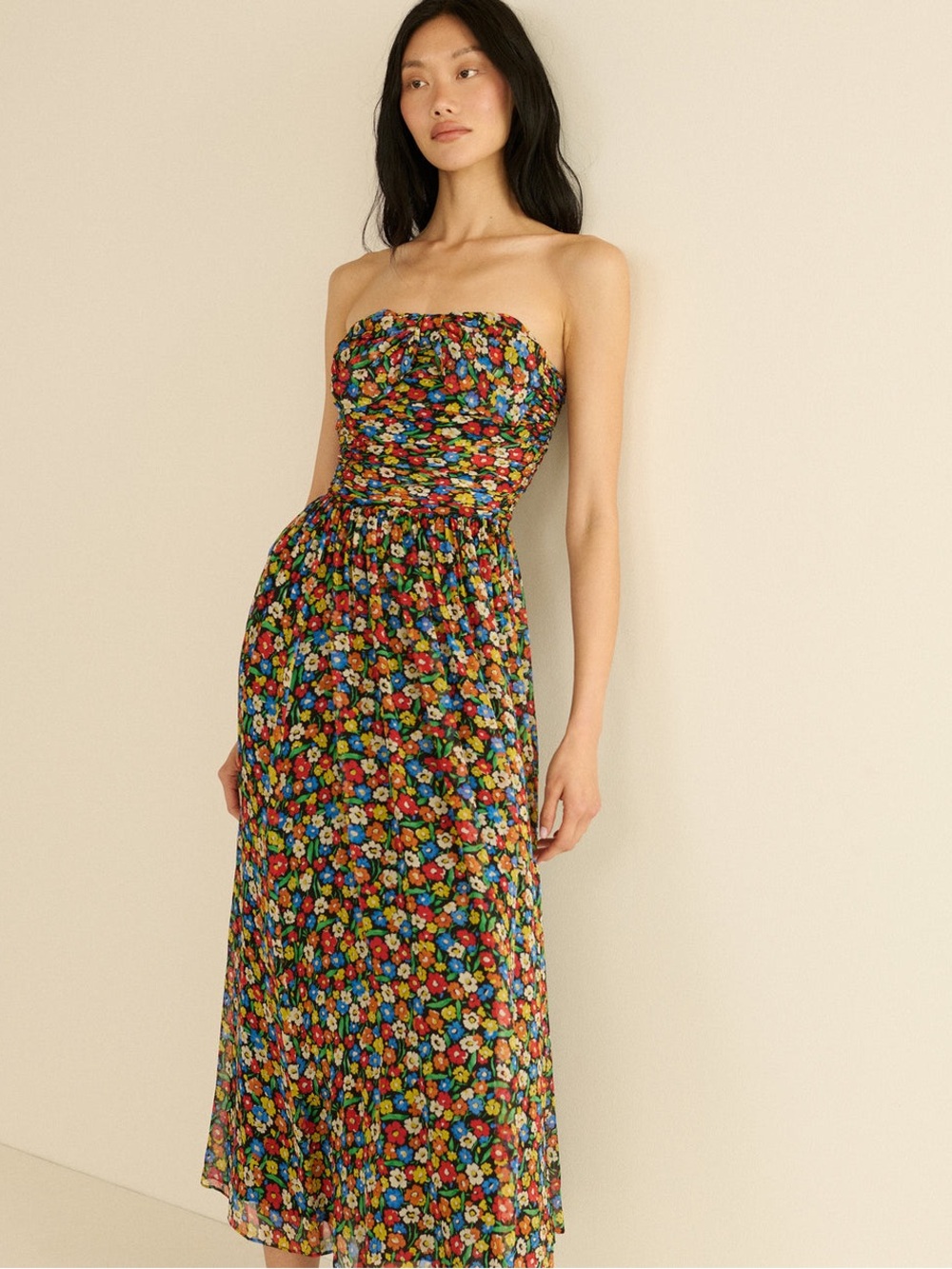 NEW DOEN Marguerite Silk Strapless Dress Begonia Blossom Black Floral US 4 UK 8